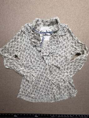 Cino Womens Small Blue White Ditsy Floral Ruffle Blouse Velvet Tie Cotton